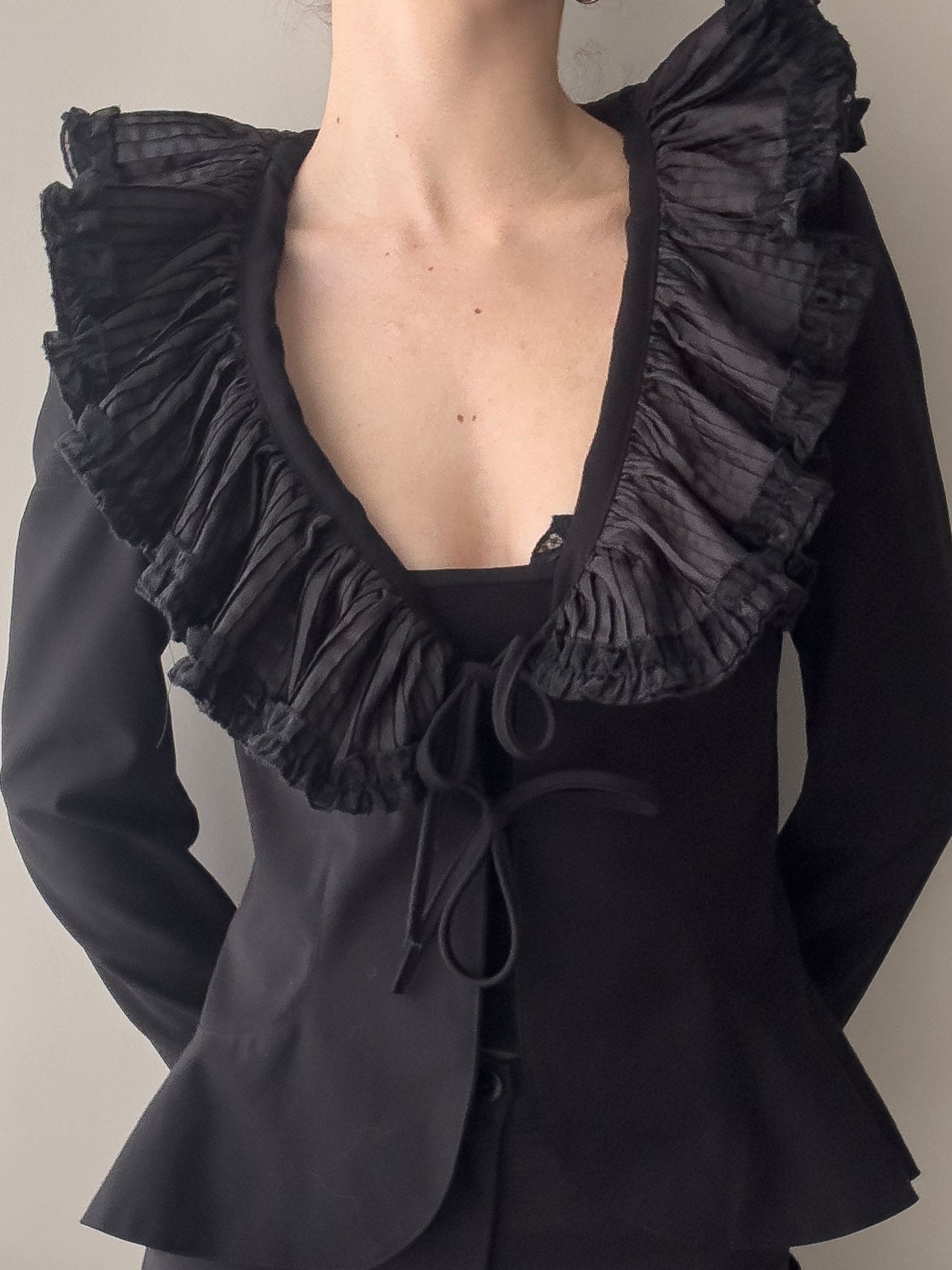 Black Peplum Blazer with Ruffle V-neckline (S)