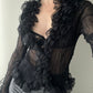Black Sheer Crinkle Blouse with Ruffles (S-M)