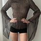 Dark Khaki Sheer Top With Long Slouchy Sleeves (XS-S)