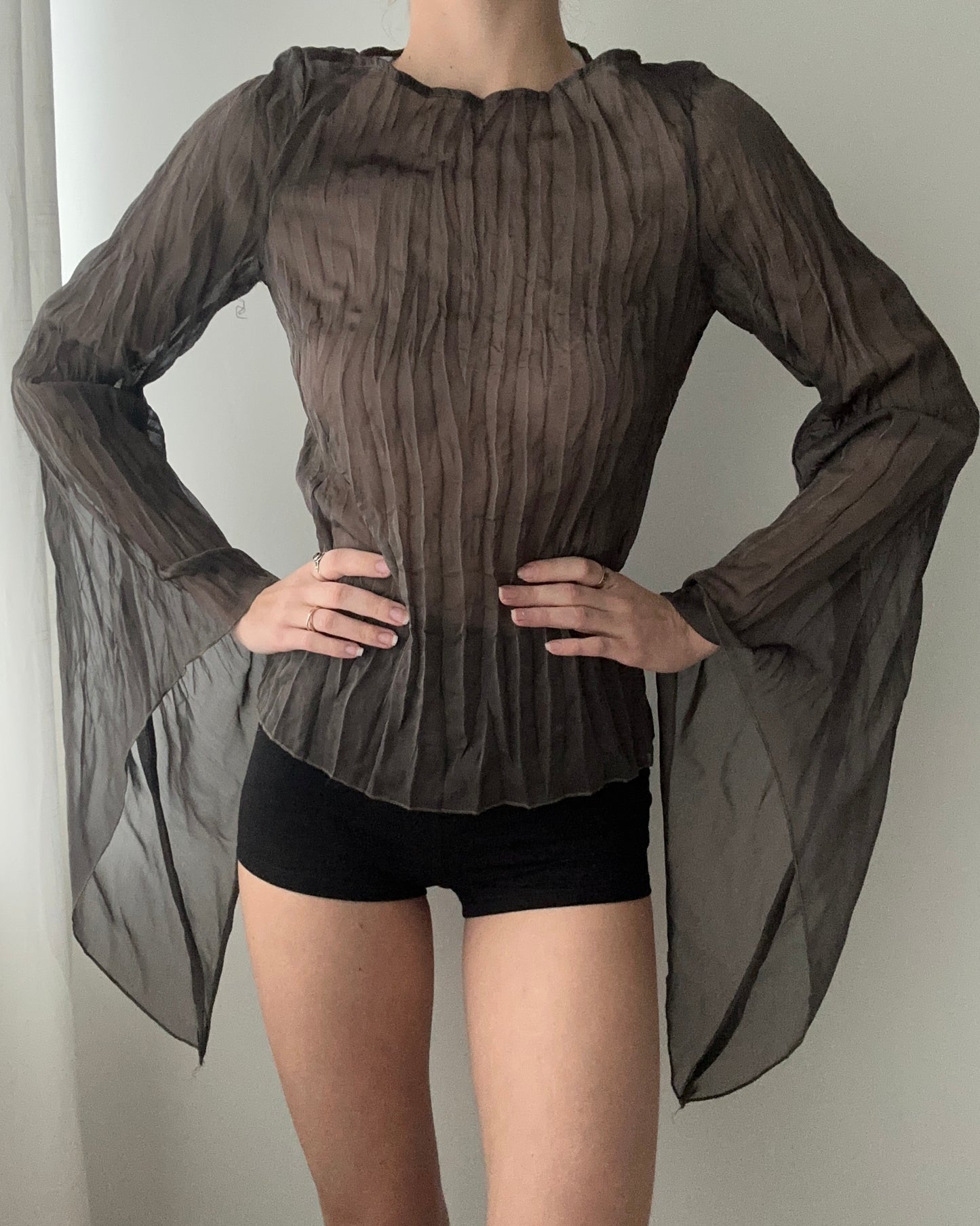 Dark Khaki Sheer Top With Long Slouchy Sleeves (XS-S)