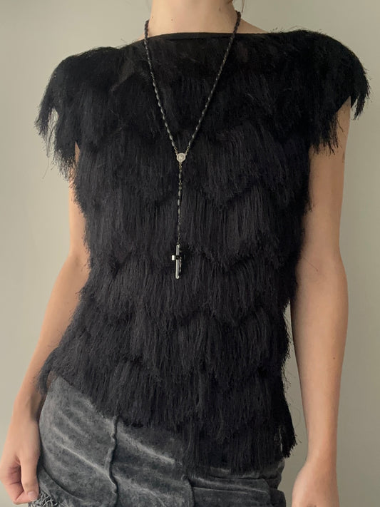 Black Fringe Top with Slashed/Bateau Neckline (S)