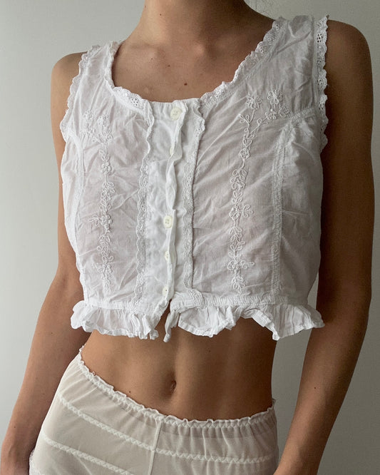 White Cotton Mini Button Up Top With Embroidery And Ruffles