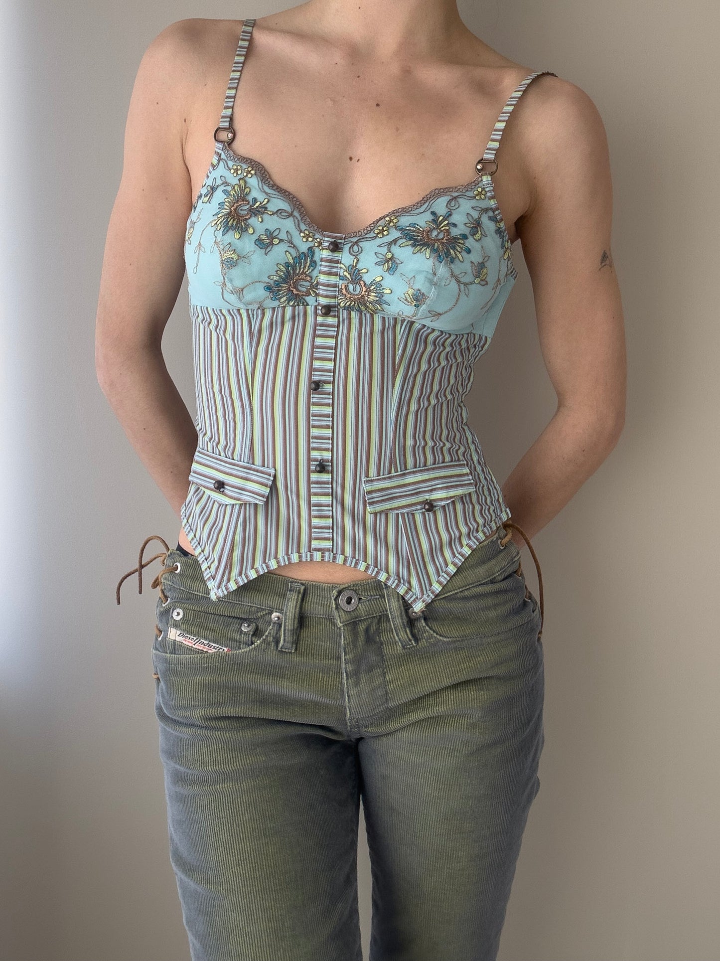 Lejaby - Turqoise Bustier with Strped Pattern and Floral Embroidery (XS-S)