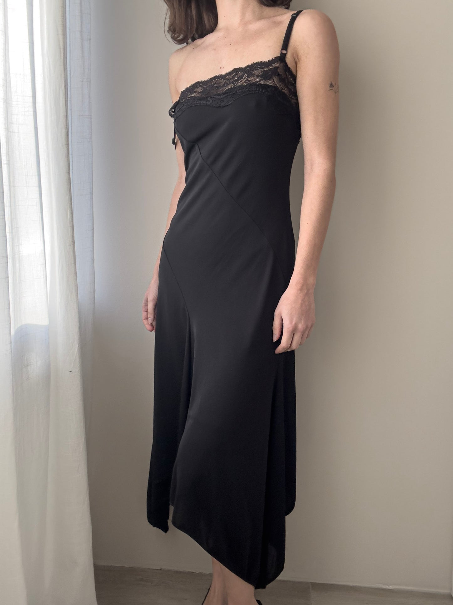Black Slip Dress with Asymmetric Hemline and Lace (S)