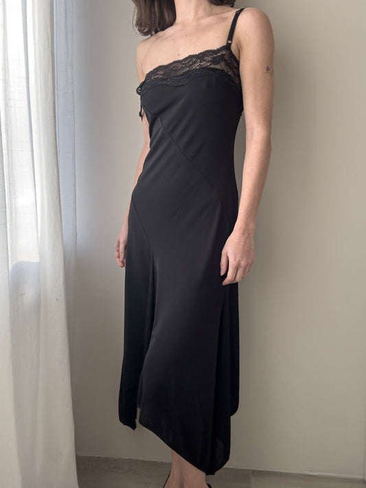 Black Slip Dress with Asymmetric Hemline and Lace (S)