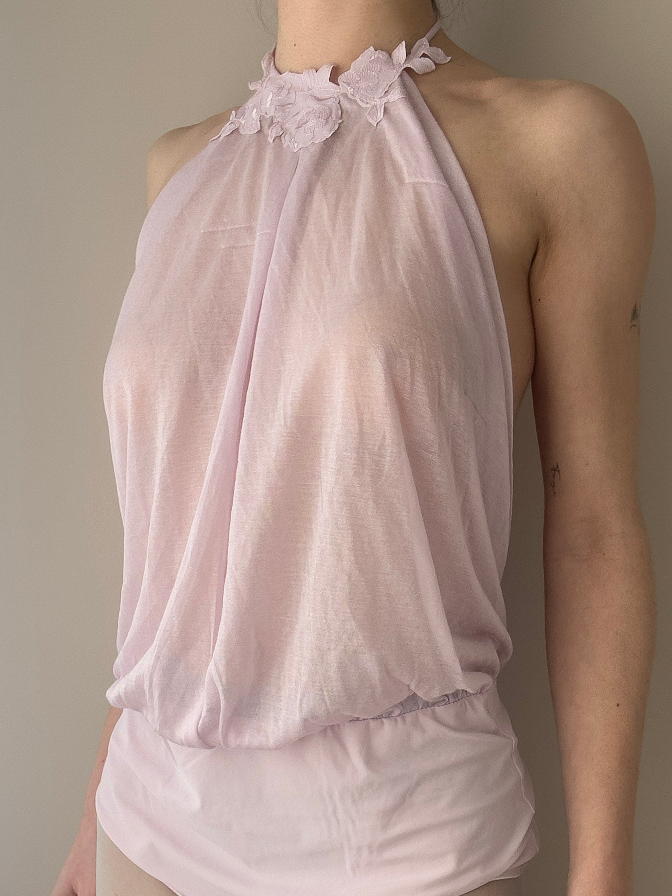 La Perla - Lilac Pink Sheer Floral Halter Bodysuit (M-L)