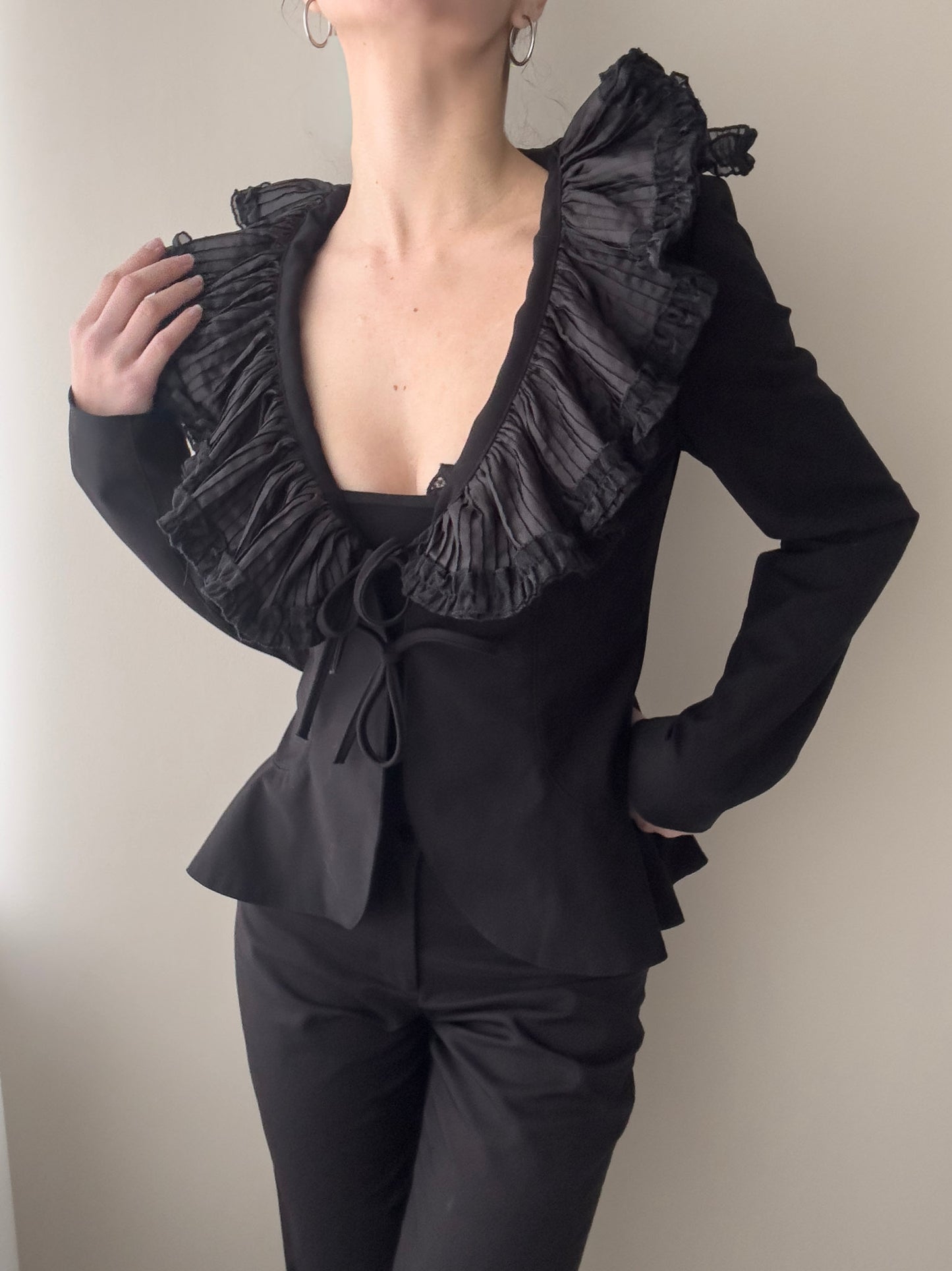 Black Peplum Blazer with Ruffle V-neckline (S)