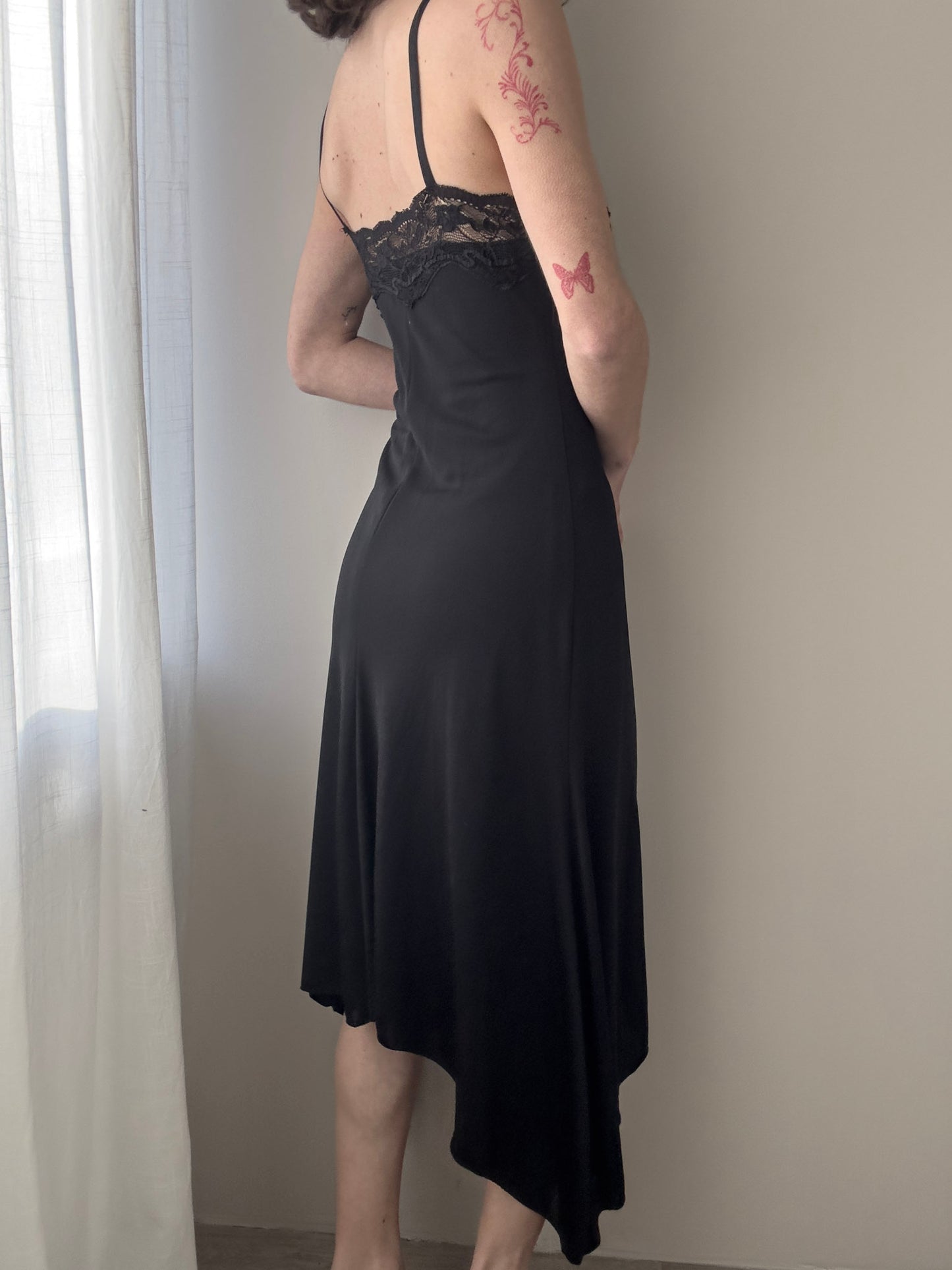 Black Slip Dress with Asymmetric Hemline and Lace (S)