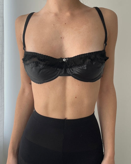 Black Satin Balconette Bra with Fringe details (75C/34C)