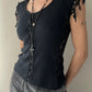 René Derhy Black Top with Lace-up detail and Floral Embroidery (M)