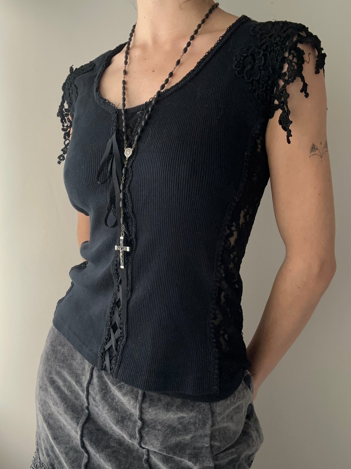 René Derhy Black Top with Lace-up detail and Floral Embroidery (M)