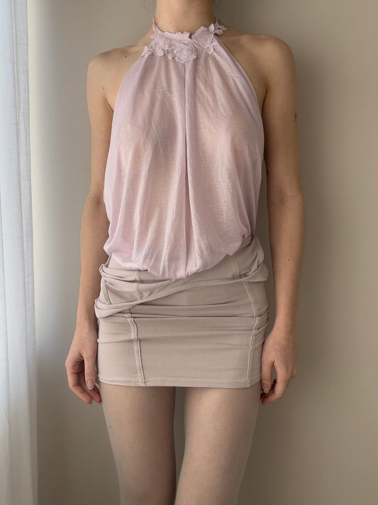 La Perla - Lilac Pink Sheer Floral Halter Bodysuit (M-L)