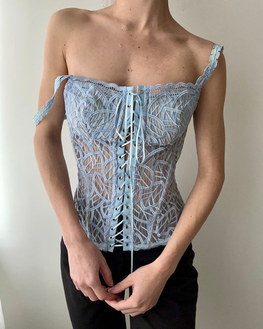 Sky Blue Embroidered Lace Up Corset Top with Stripe Design (M)