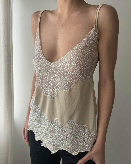 90s Beige and Cream Top with Sequins (S-M)