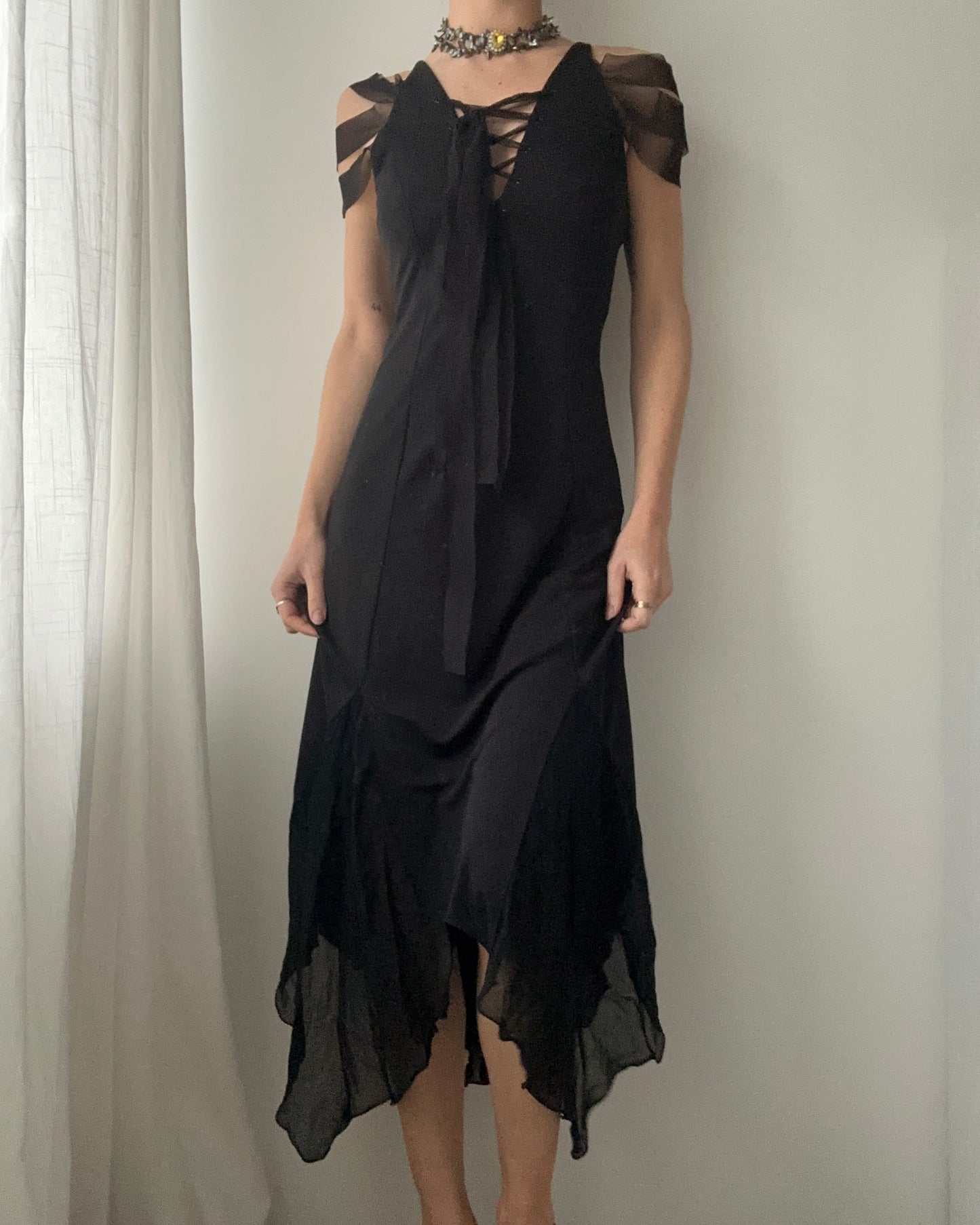 Black Whimsical Double-layer Maxi Dress (XS)