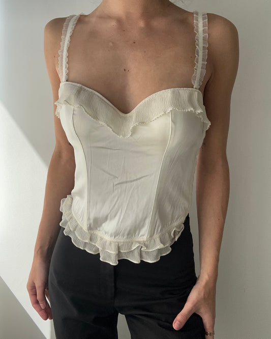 Silk Ivory Corset Top with Ruffles and Beads (S)