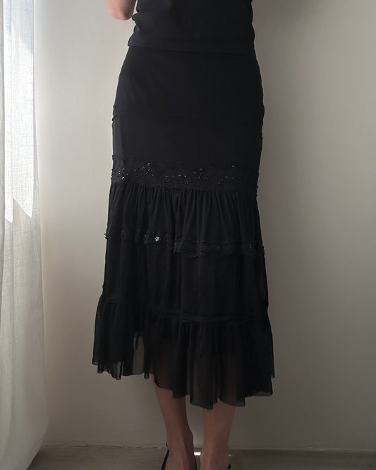 Black Dropped Waist Bohemian Mesh Skirt (S-M)