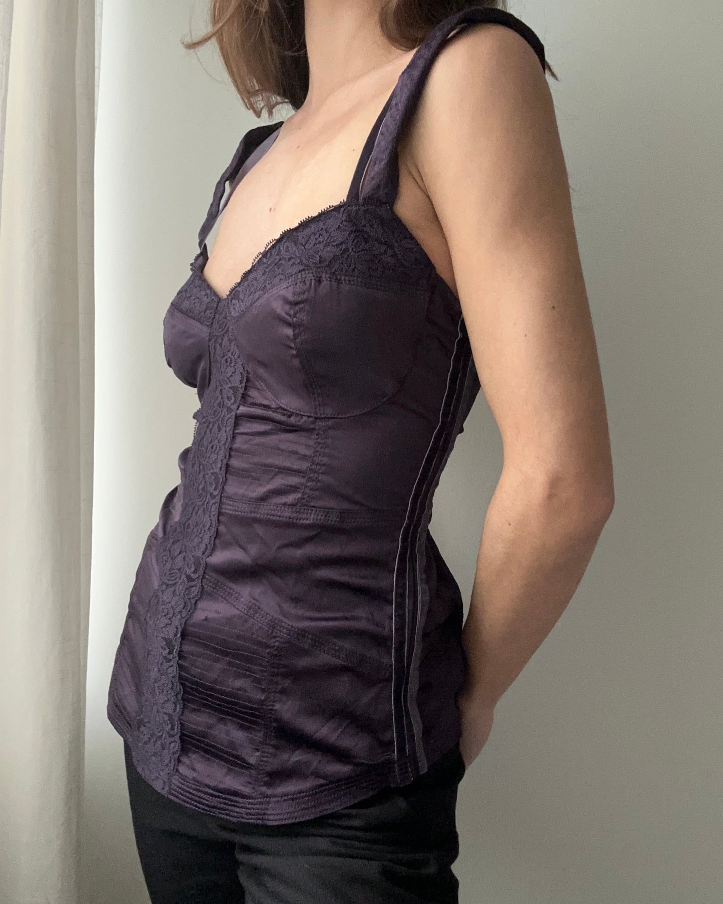 Dark Purple Silky Corset Top with Lace Details and Double Straps (M)