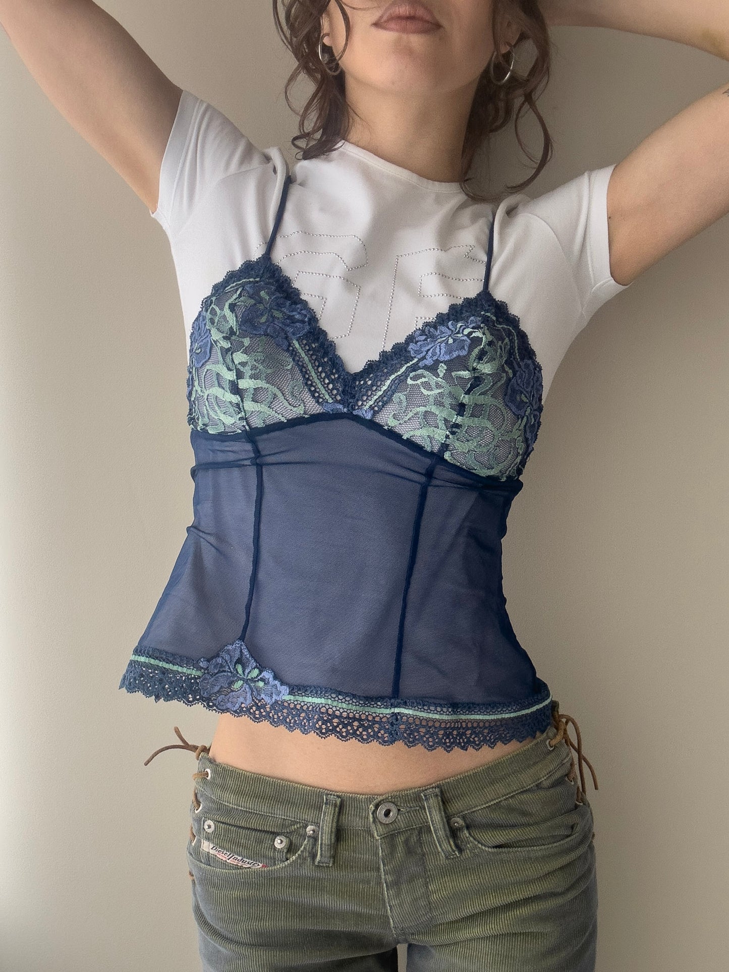 Aubade Paris - Deep Cobalt Blue Sheer Lace Cami with Mint Green Embroidery (S)