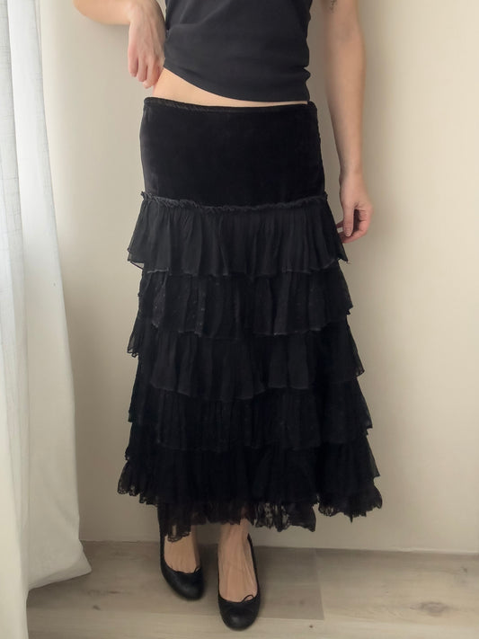 Black Layered Midi Skirt with Velours Waist (S-M)