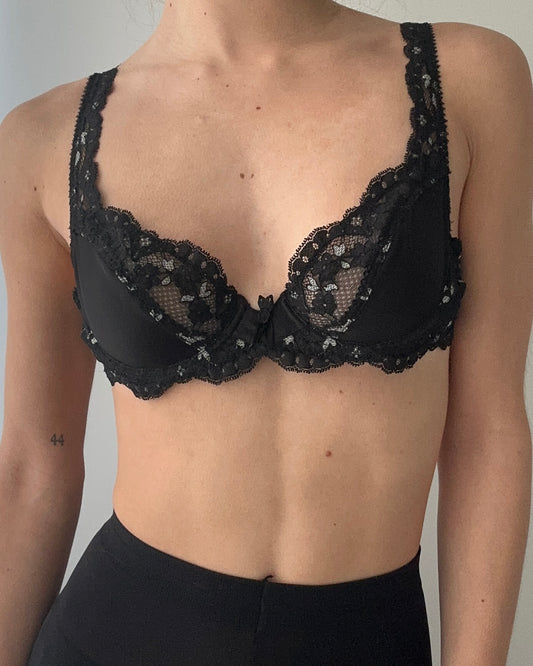 Black Satin and Lace Underwire Bra (75A/34A)