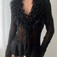 Black Sheer Ruffle Blouse With Embroidery (M)