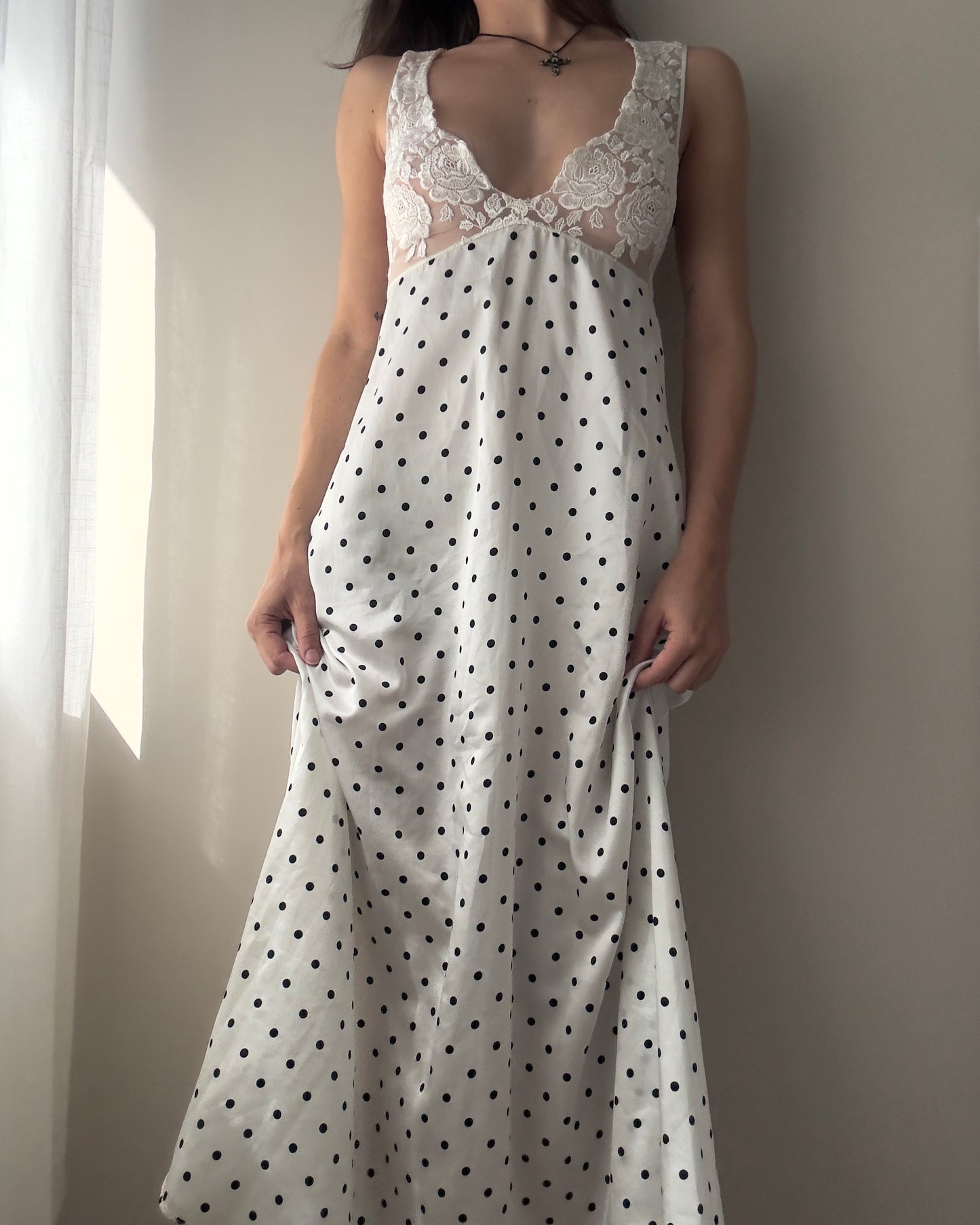 La Perla 90s Polkadot Maxi Dress / Nightgown with Lace Details (S-M)