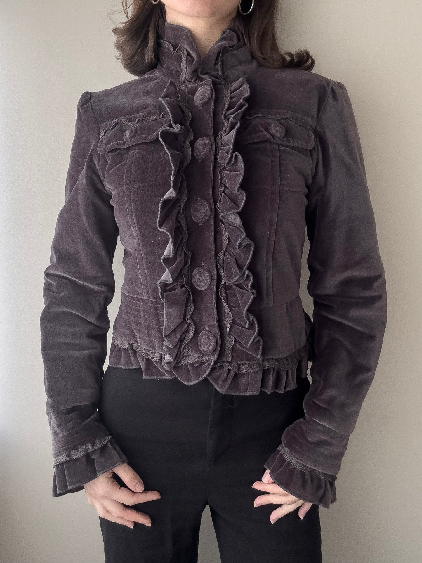 Mauve Purple Velours Military Jacket with Ruffles (XS)