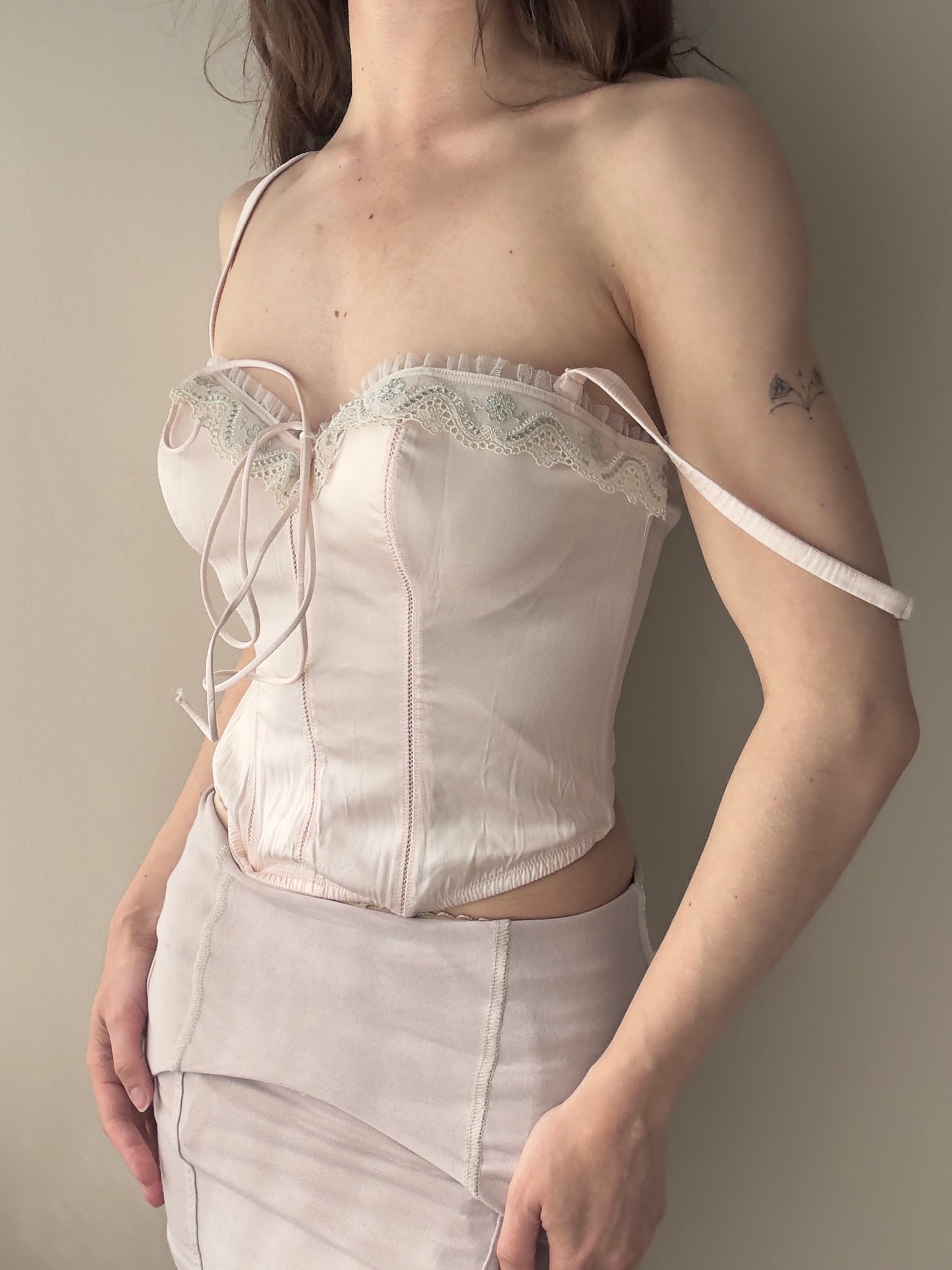 Vintage - 82% Silk Light Blush Pink Corset Top with Halter Detail (S-M)