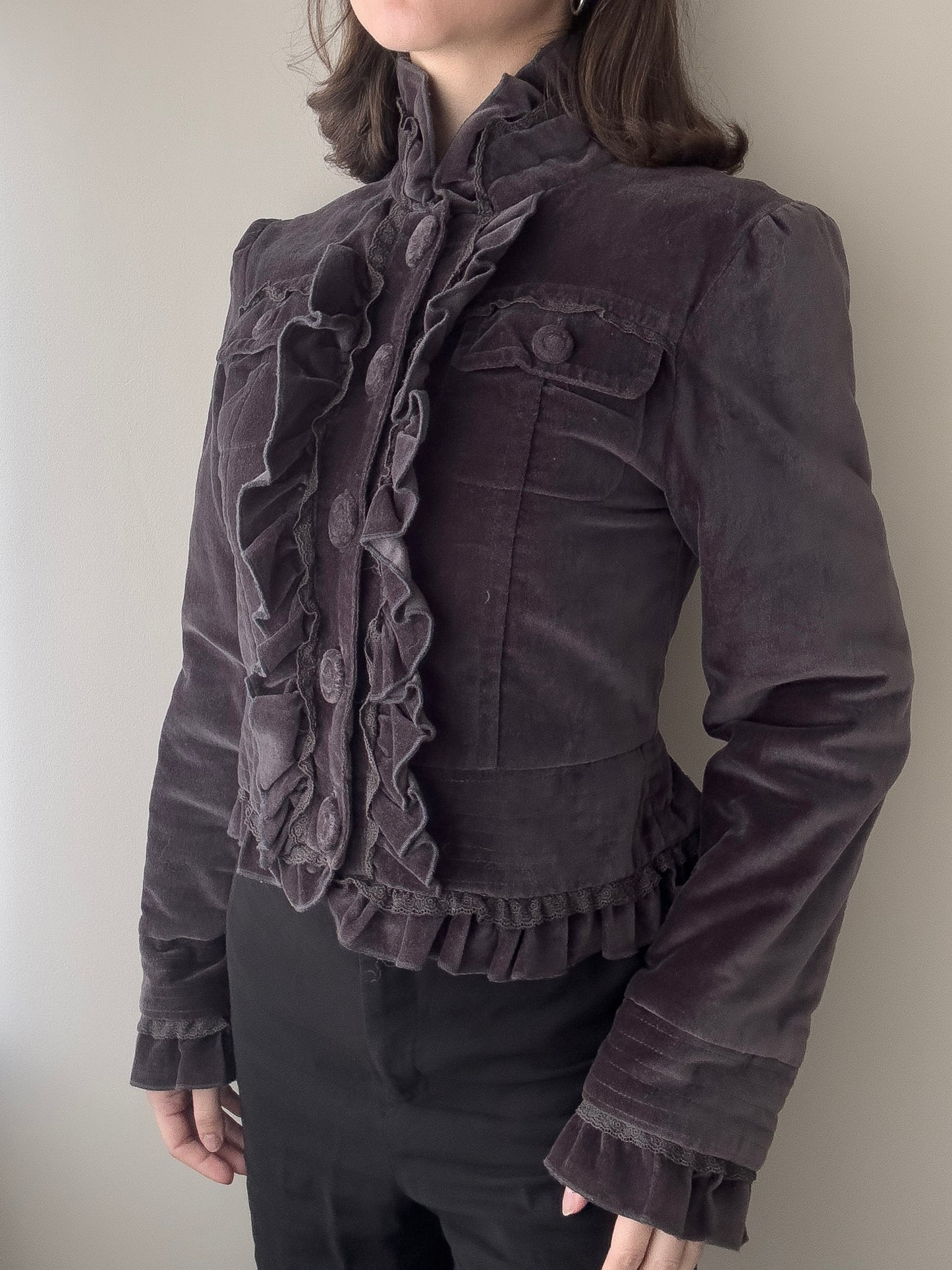 Mauve Purple Velours Military Jacket with Ruffles (XS)