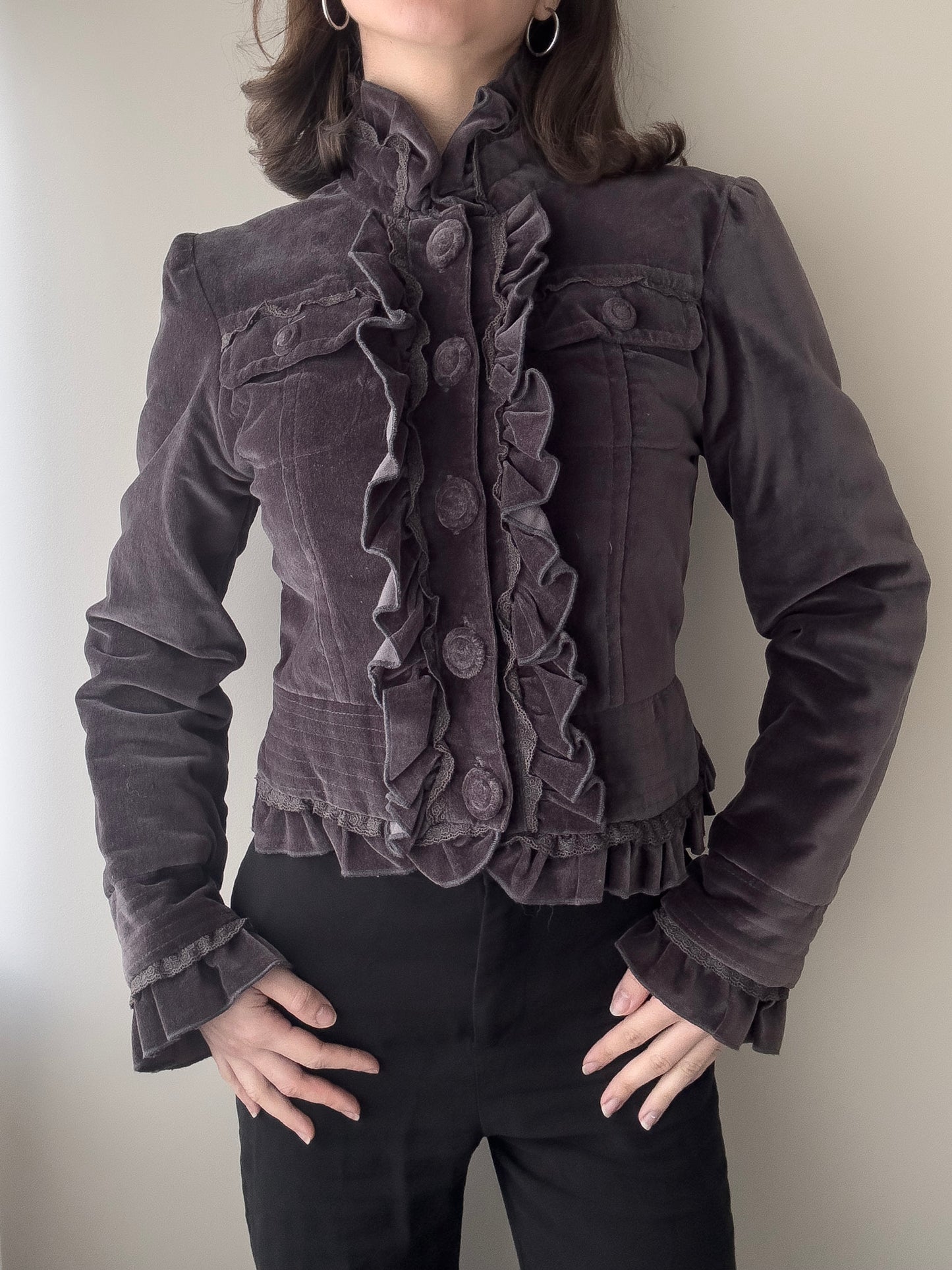 Mauve Purple Velours Military Jacket with Ruffles (XS)