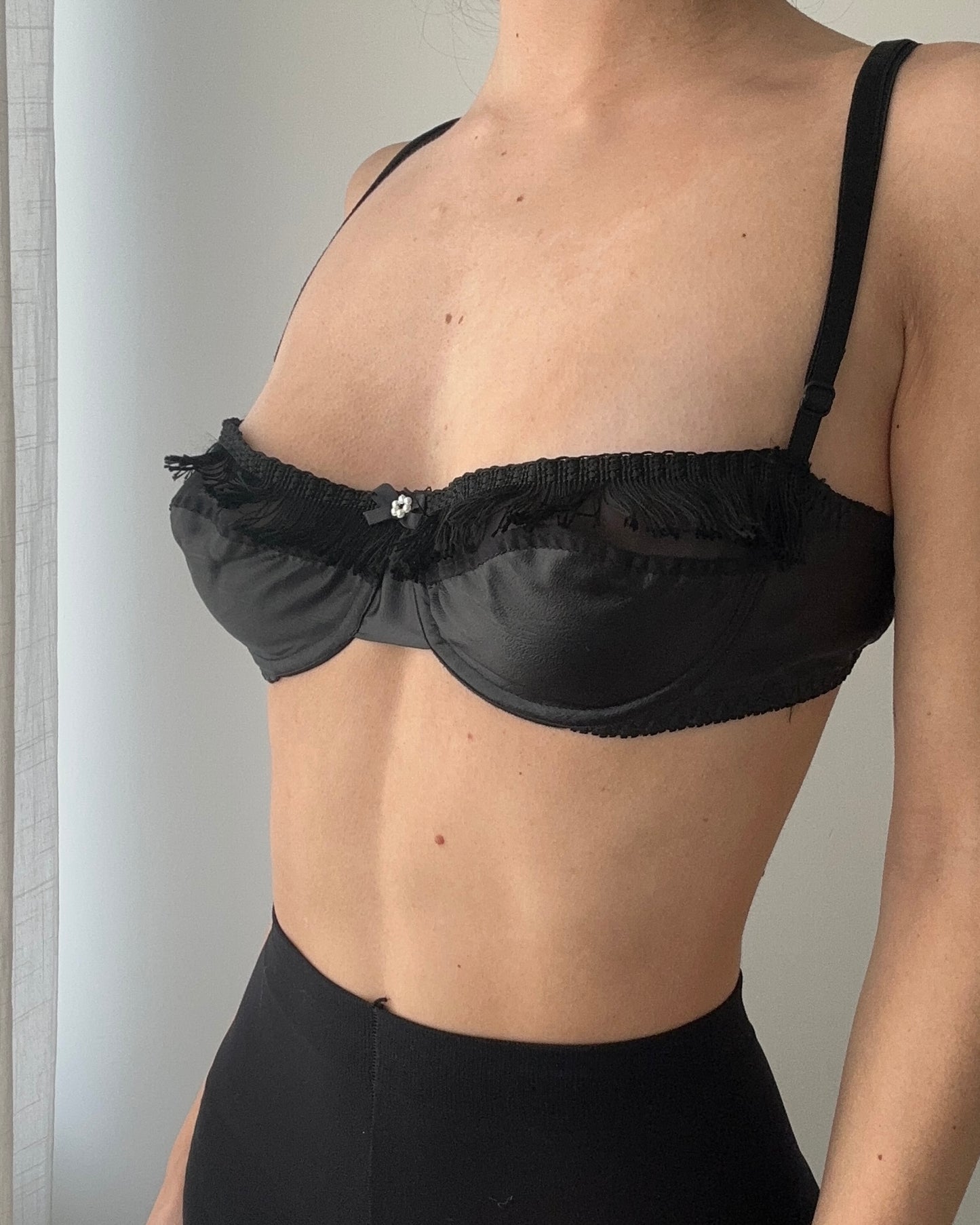 Black Satin Balconette Bra with Fringe details (75C/34C)