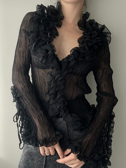 Black Sheer Crinkle Blouse with Ruffles (S-M)