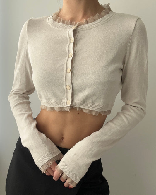 Beige Button-up Long Sleeve Knitted Crop Top (XS)