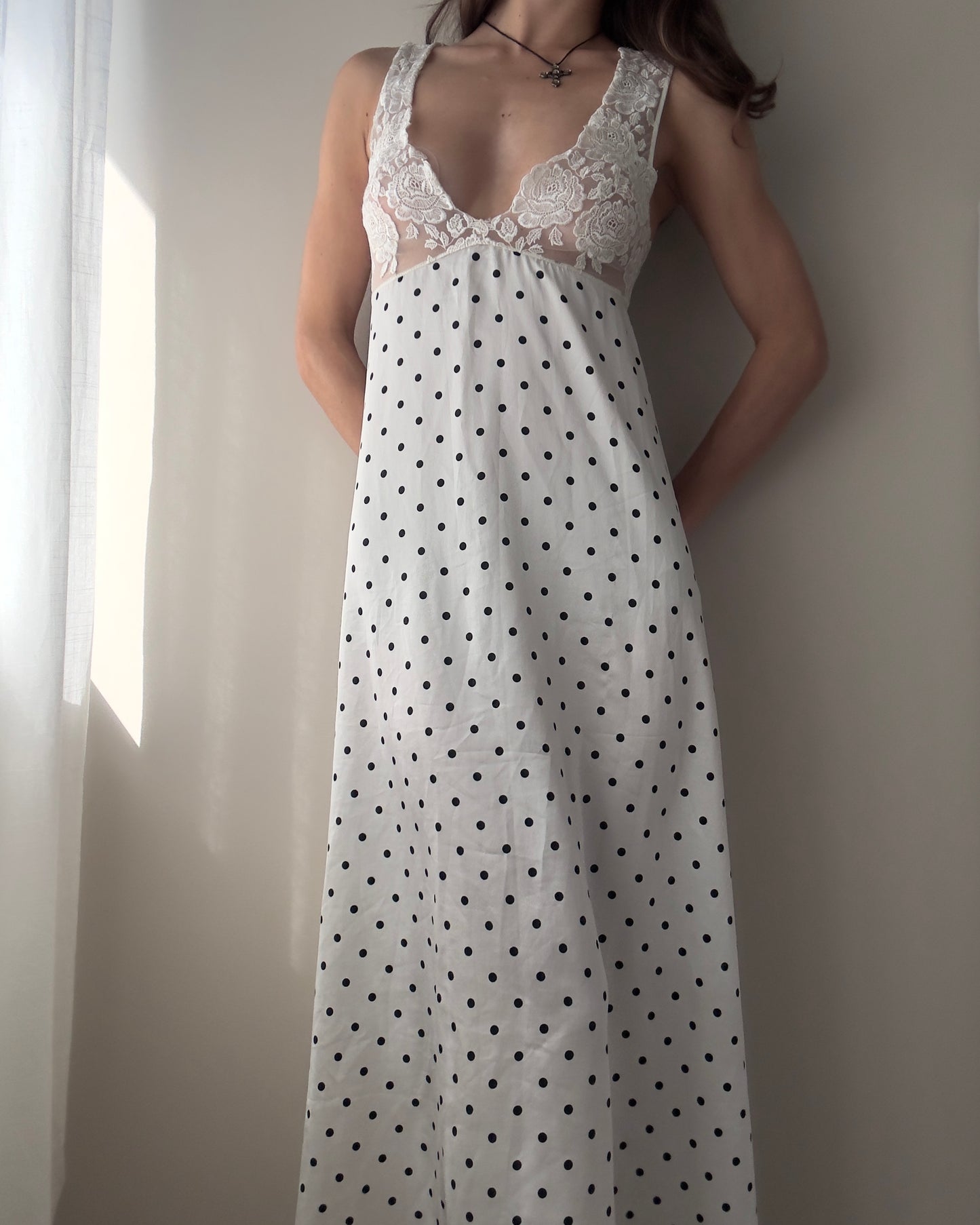 La Perla 90s Polkadot Maxi Dress / Nightgown with Lace Details (S-M)