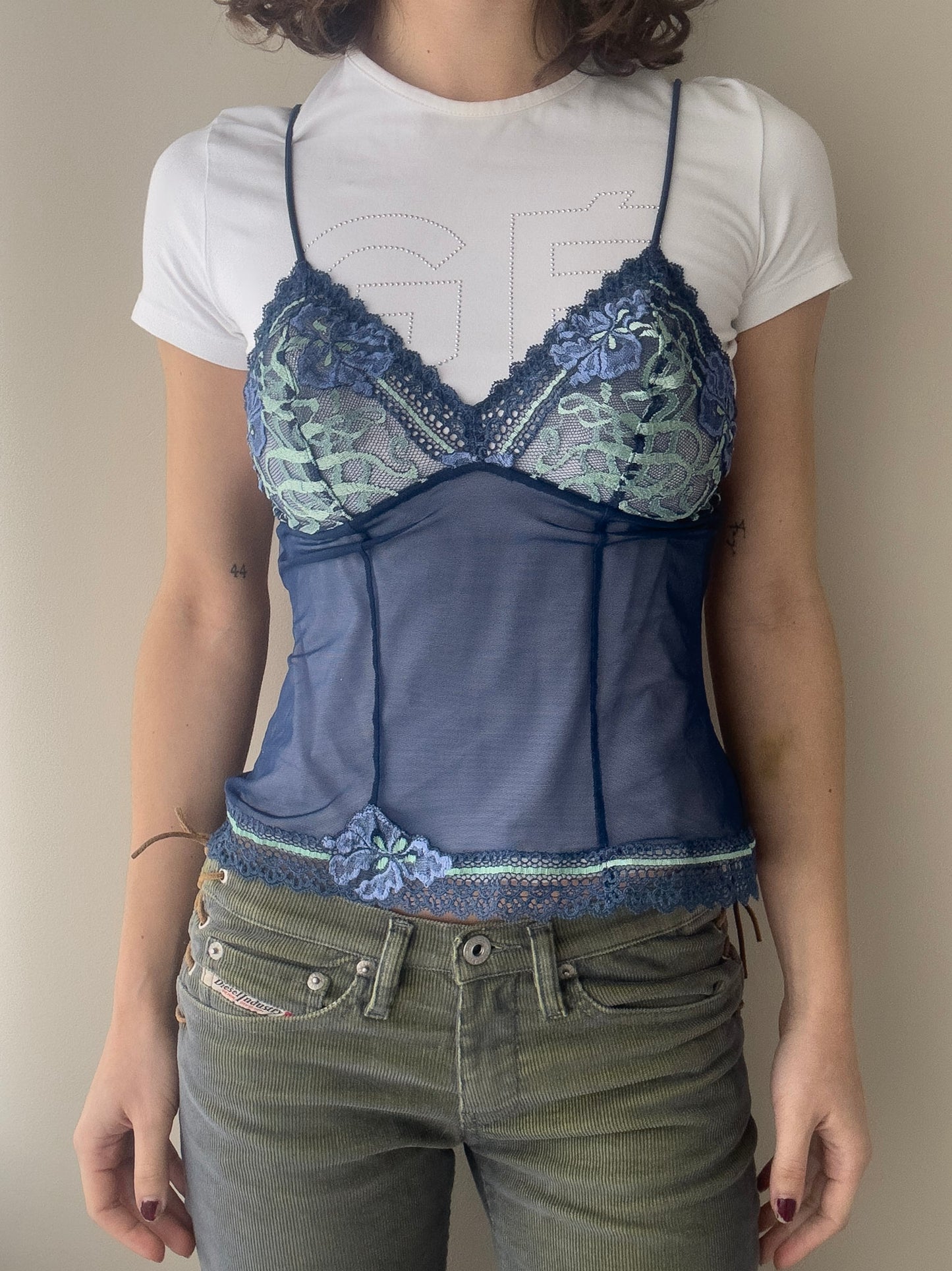 Aubade Paris - Deep Cobalt Blue Sheer Lace Cami with Mint Green Embroidery (S)