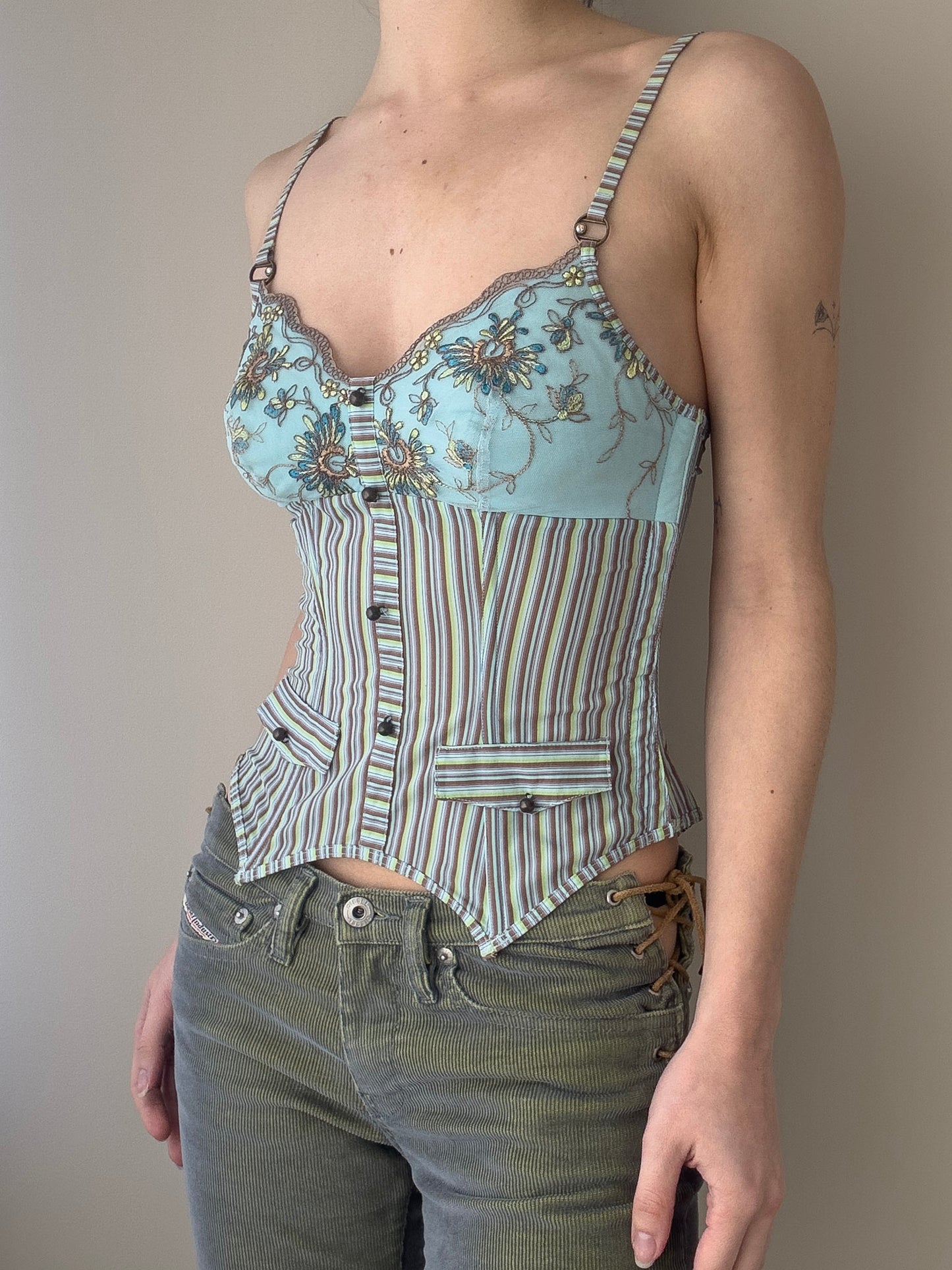 Lejaby - Turqoise Bustier with Strped Pattern and Floral Embroidery (XS-S)