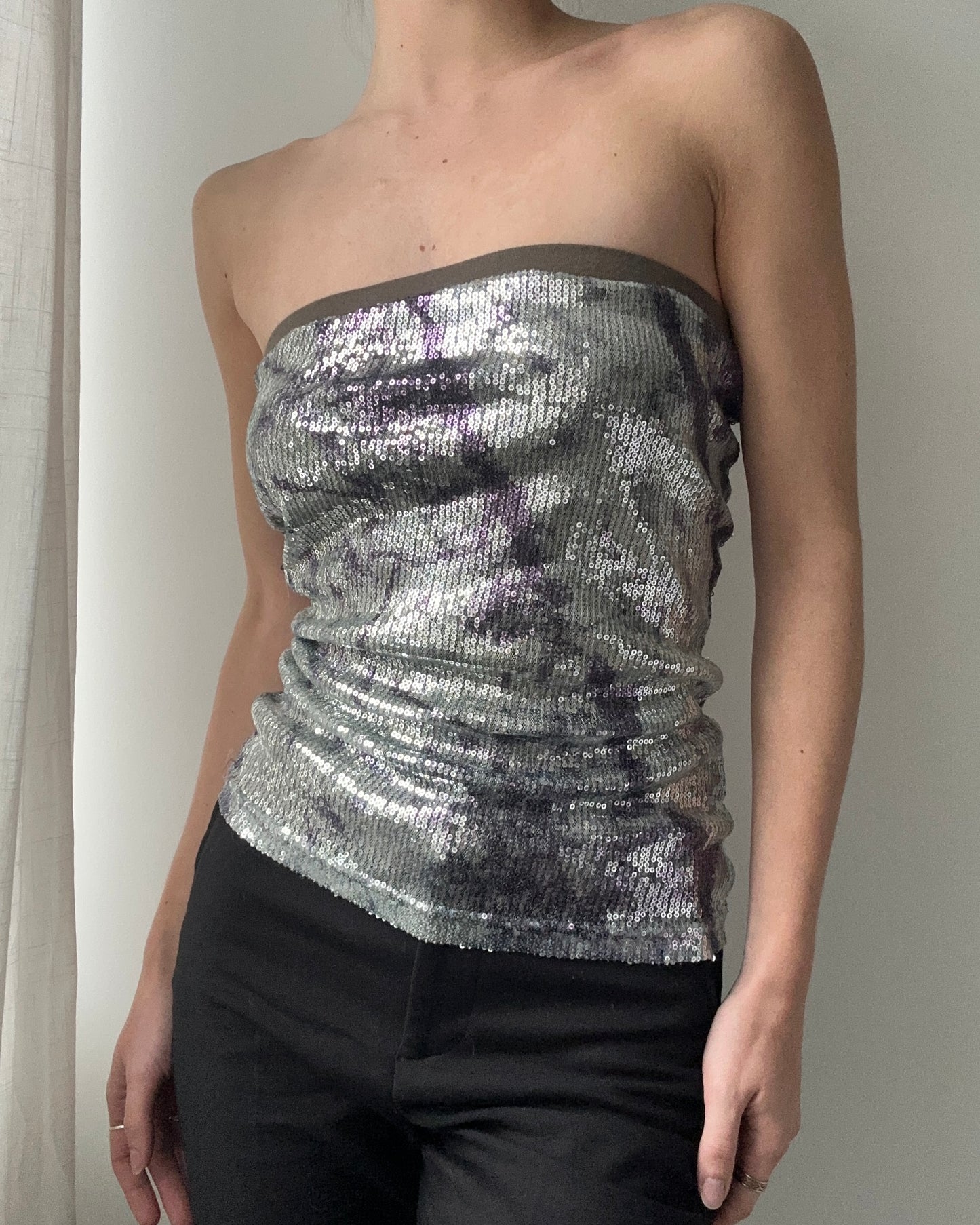 Silver and Khaki Sequin Strapless Top (XS)