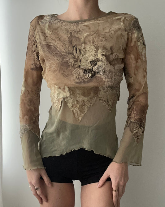 Light Green With Khaki Sheer Floral Top (Universal)