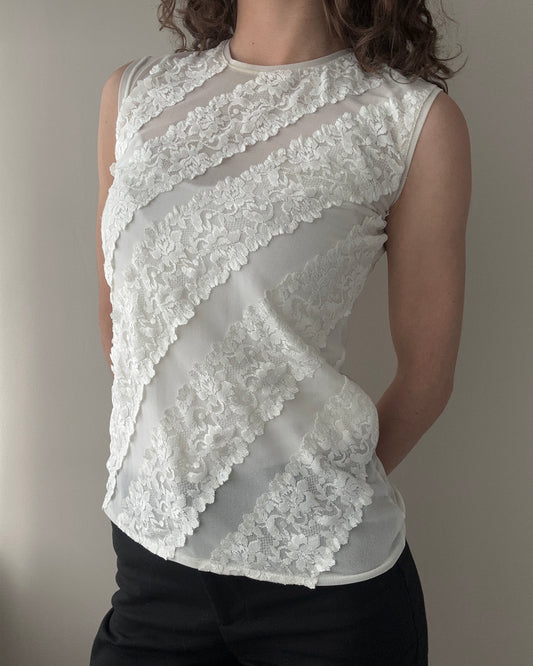 Cream Sheer and Lace Full Covered Neckline Tanktop (S)