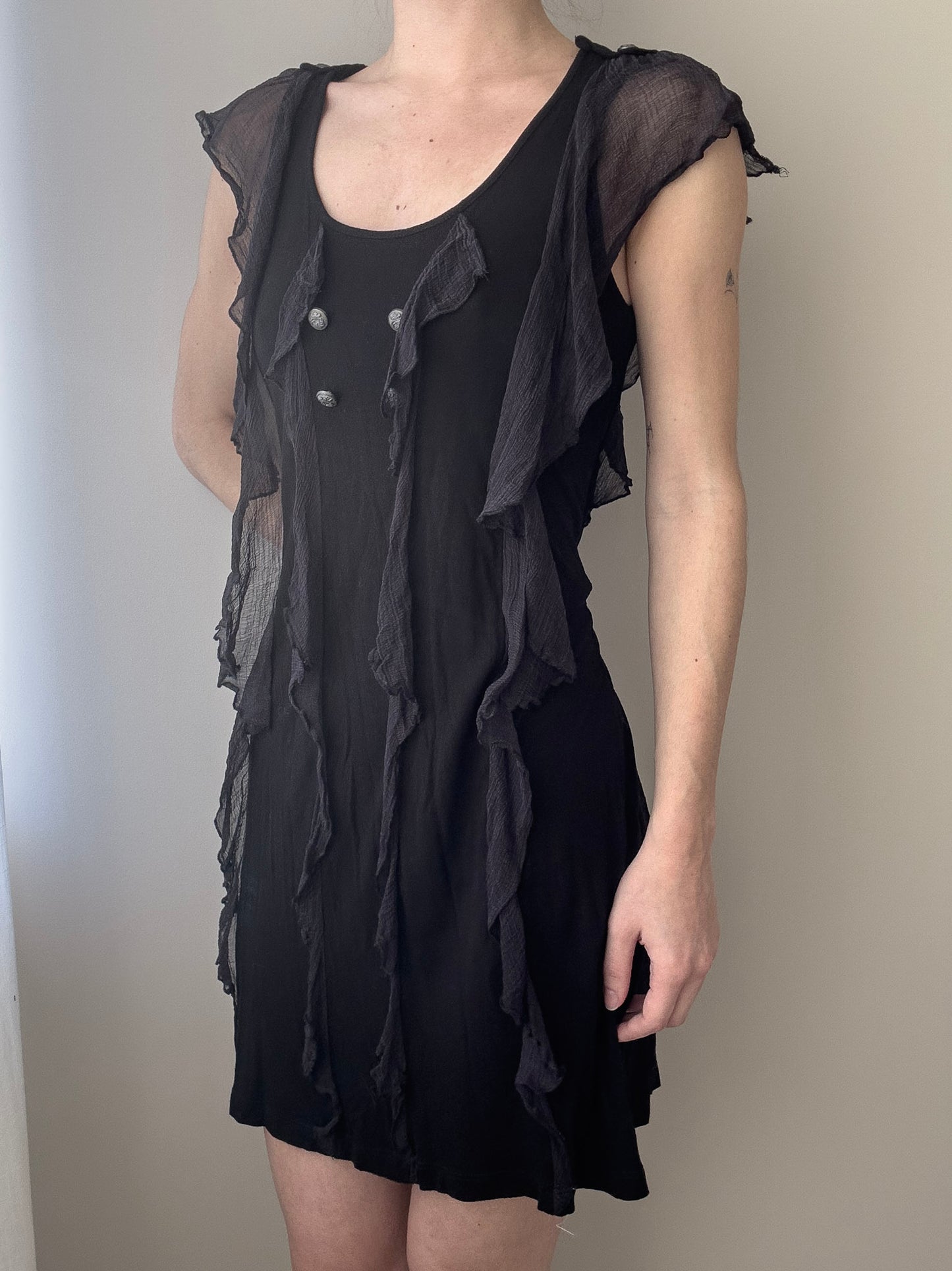 Black Mini Dress with Buttons and Sheer Ruffles (S-M)
