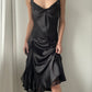 Black Double-layer Satin Draped Midi Dress with Ruffles (S)