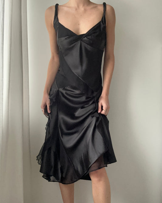 Black Double-layer Satin Draped Midi Dress with Ruffles (S)