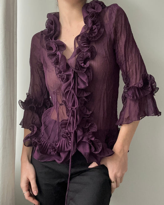 Mulberry Purple Sheer Ruffle Blouse with Tie-front Detail (M)