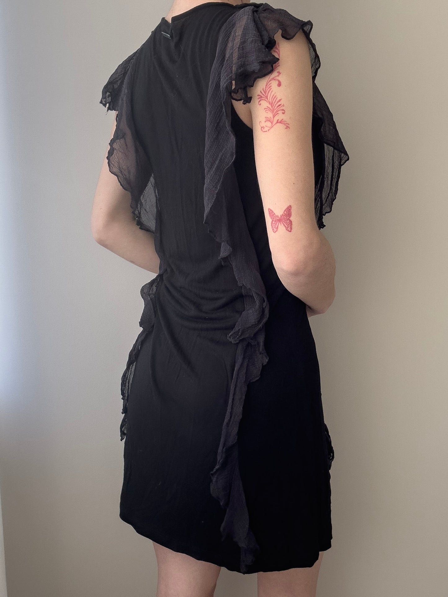 Black Mini Dress with Buttons and Sheer Ruffles (S-M)