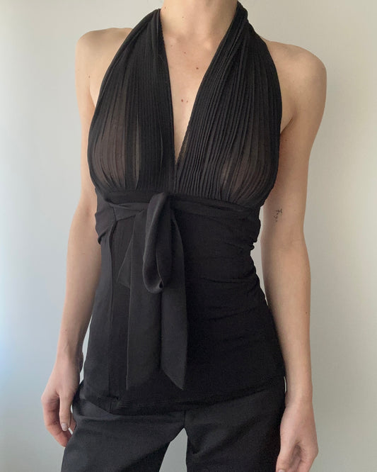 Black Sheer Ruched Halter Top (XS)