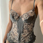 Dusty Blue Grey Real Silk Floral Lace Corset Top with Suspenders (70D/32D)