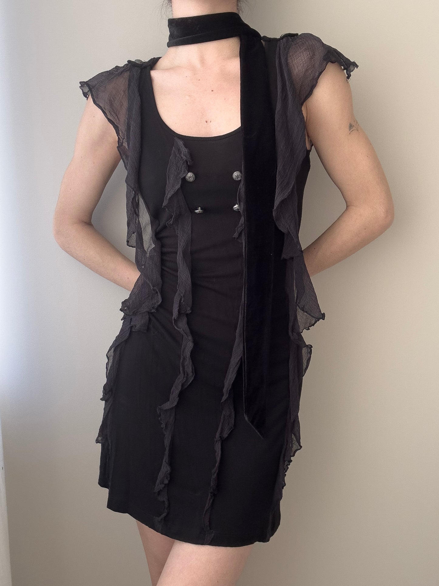 Black Mini Dress with Buttons and Sheer Ruffles (S-M)