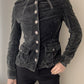 Black Washed Velours Military Jacket with Silver Buttons (XS)