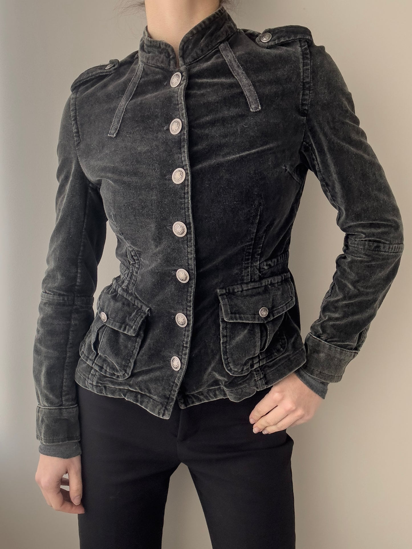 Black Washed Velours Military Jacket with Silver Buttons (XS)